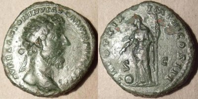 Marcus Aurelius TR POT XIX IMP III COS III Dupondius.jpg
