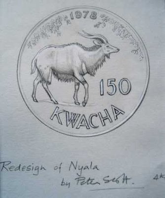 Malawi Entwurf kl 150 Kwacha 1978 Nyala sketch by Peter Scott, coin (250 Kwacha) by Norman Sillman.jpg