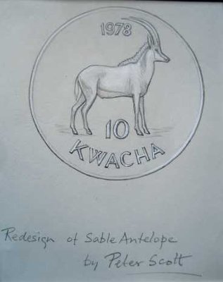 Malawi Entwurf kl 10 Kwacha 1978 Sable Antilope sketch by Peter Scott, coin by Norman Sillman.jpg